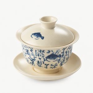 Beige Calligraphy Gaiwan with Fish Detail - Summit Breeze Tea