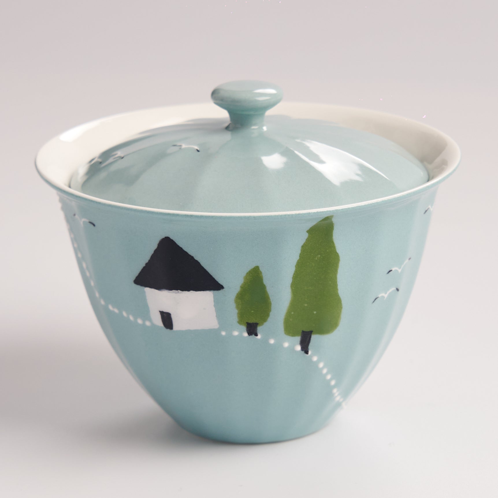 Puppy Diary Gaiwan with white dog, house, trees, and dotted path illustration
