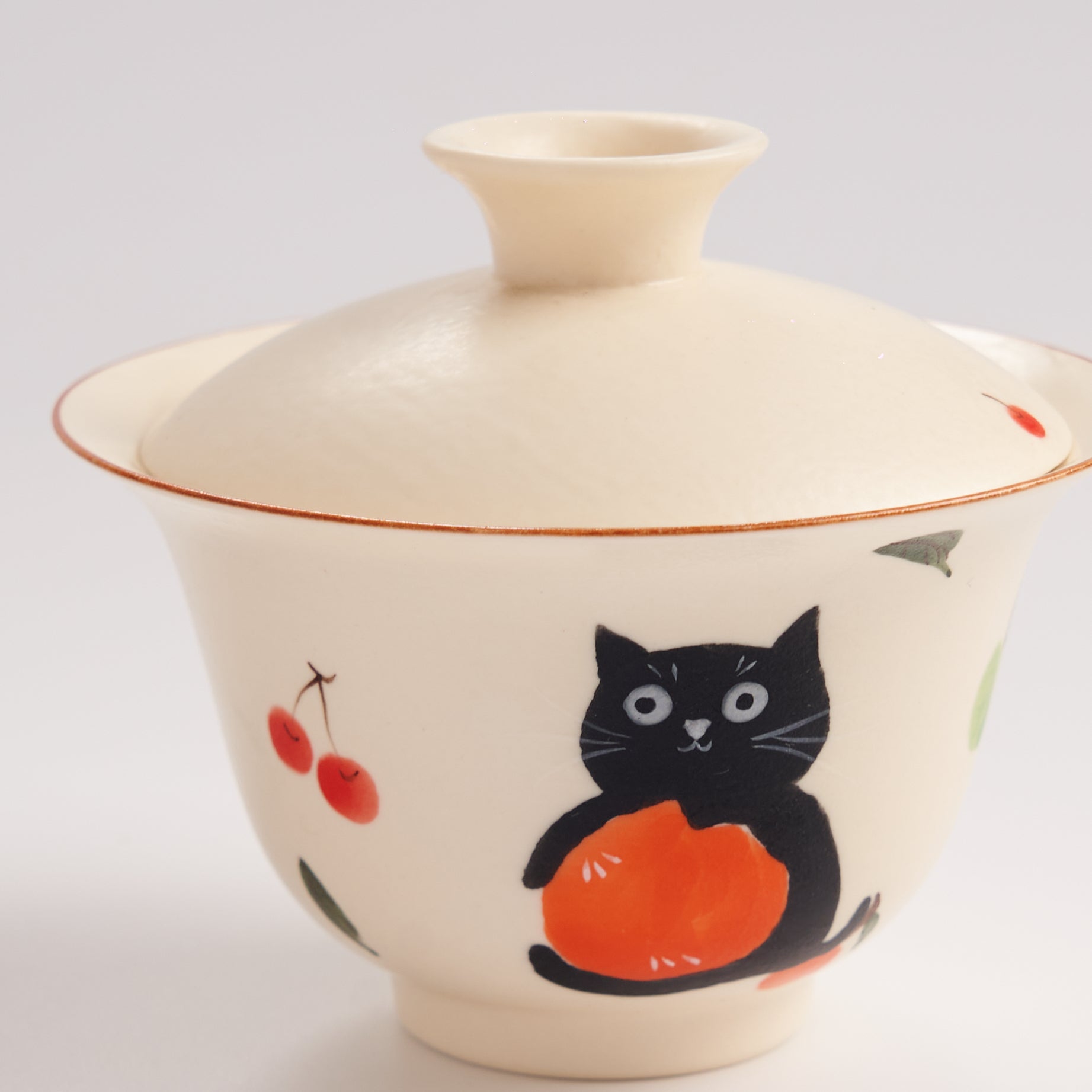 Playful cat illustration gaiwan with fruit details and flared rim