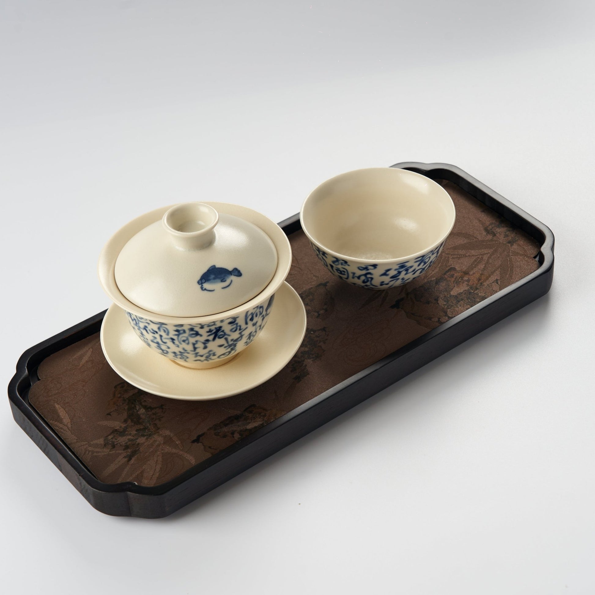 Beige Calligraphy Gongfu Tea Set with Fish Detail - Summit Breeze Tea