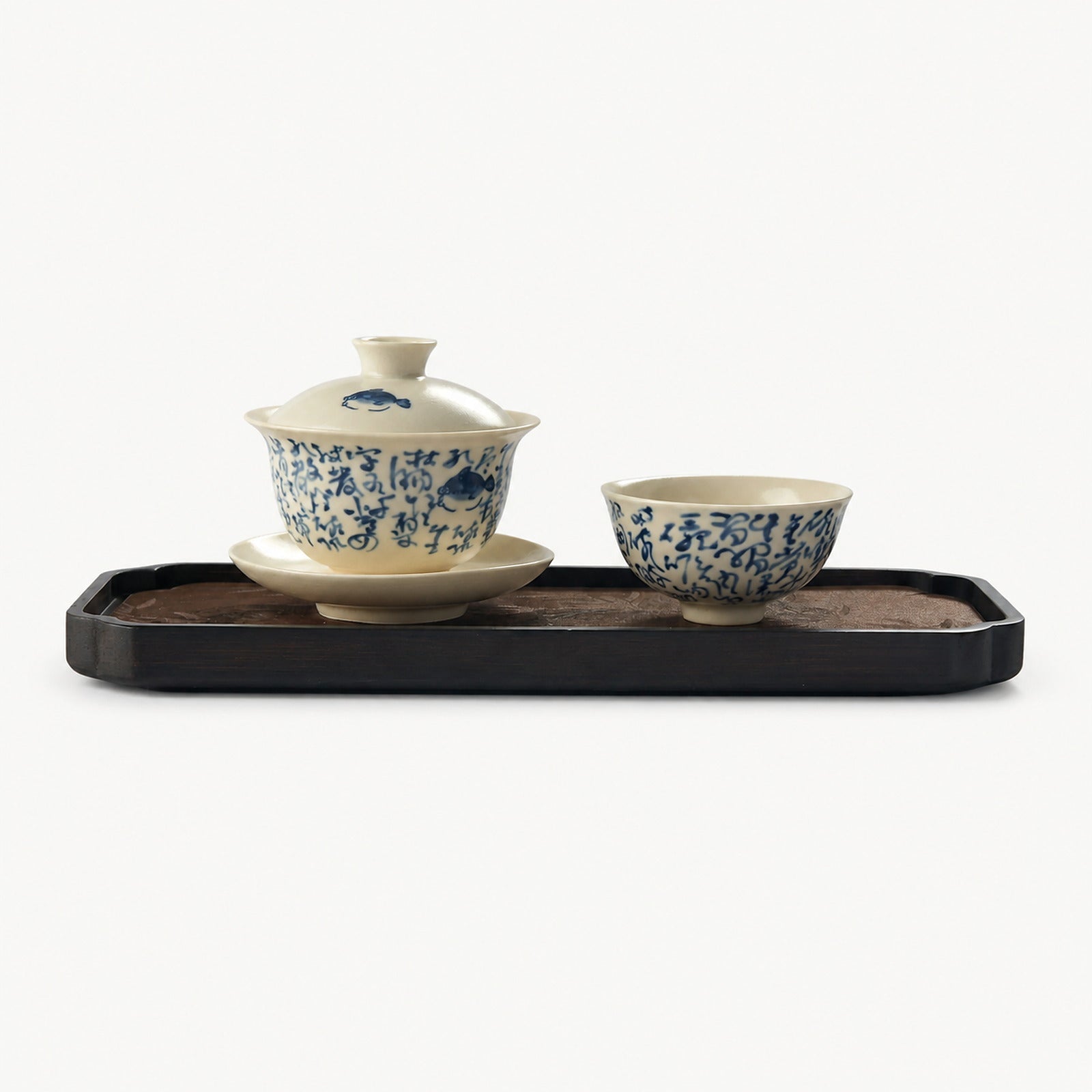 Beige Calligraphy Gongfu Tea Set with Fish Detail - Summit Breeze Tea