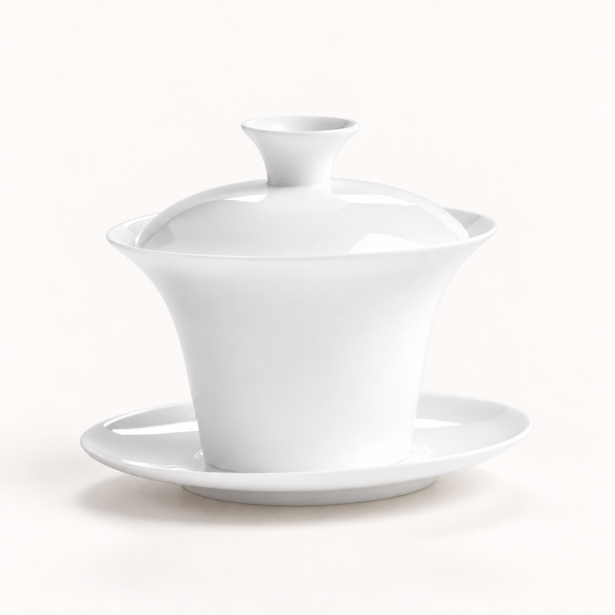 White 100 ml trumpet-rim bone china gaiwan with lid and saucer