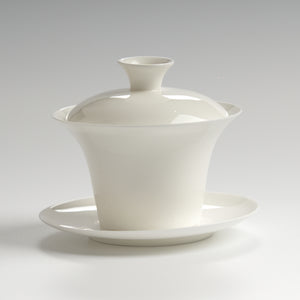 Translucent bone china trumpet-rim gaiwan, front eye-level view
