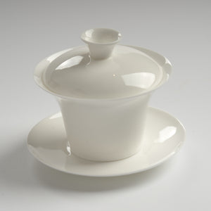 Translucent bone china trumpet-rim gaiwan, slightly overhead view