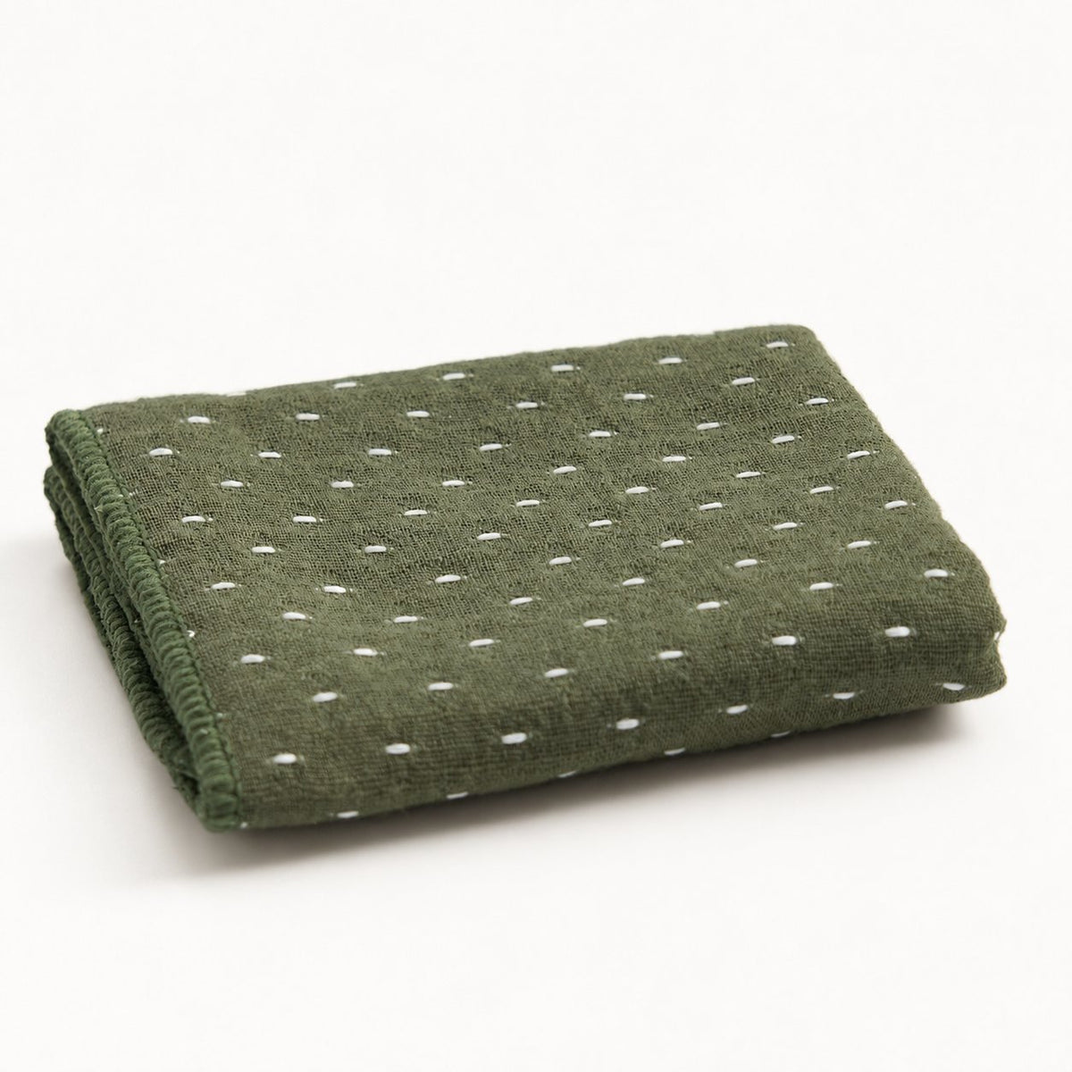 Thick cotton-linen tea towel in green, folded product view
