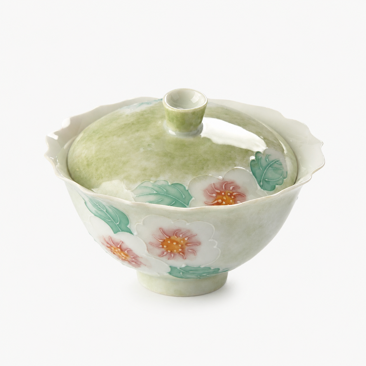 Light Green Floral Gaiwan with Scalloped Rim - Summit Breeze Tea