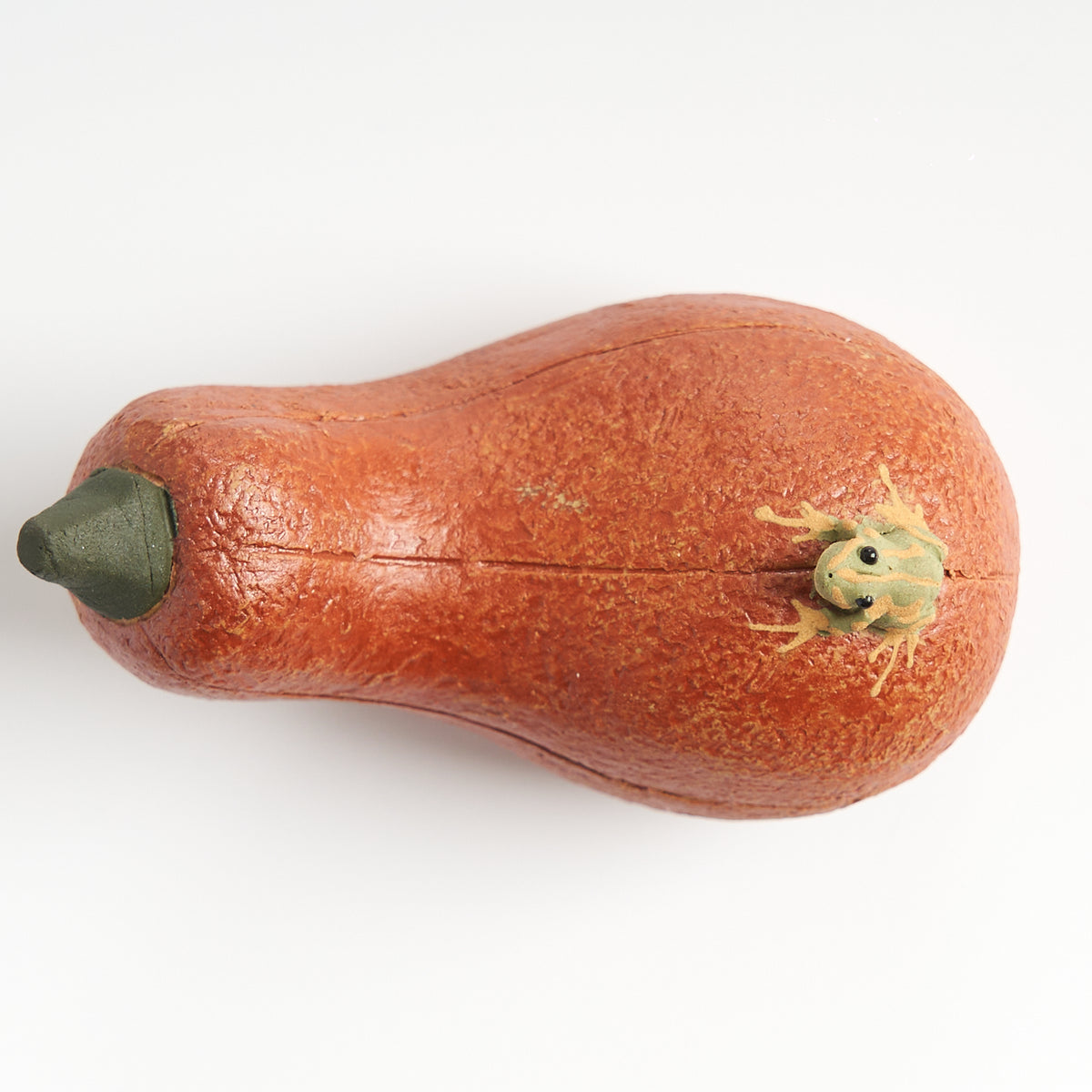 Handmade frog tea pet on a long pumpkin, top-down view
