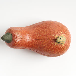 Handmade frog tea pet on a long pumpkin, top-down view