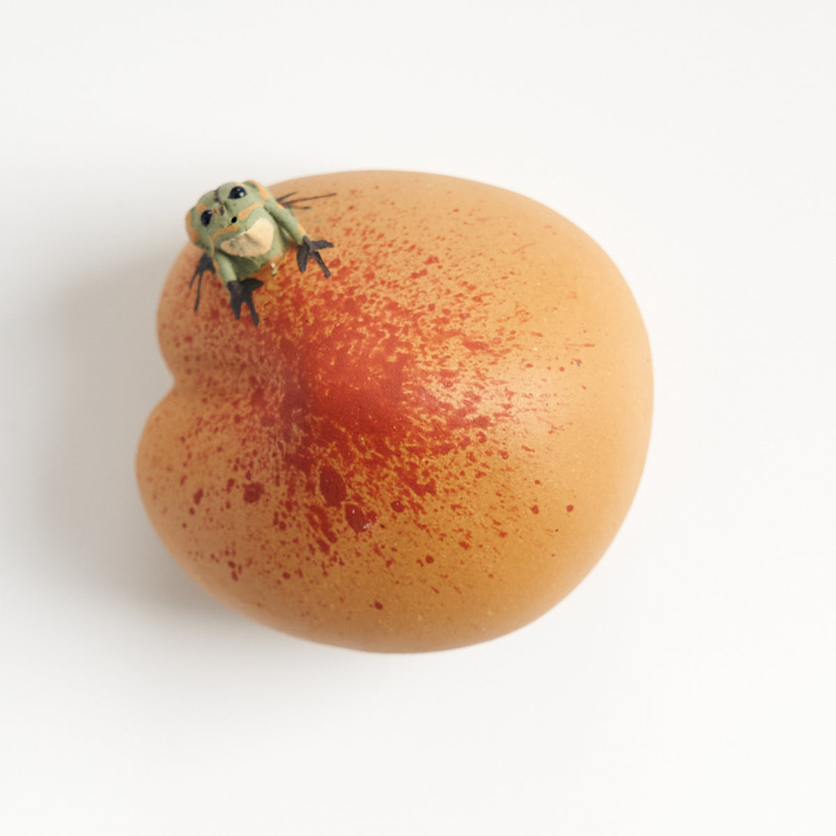 Handmade frog tea pet on a peach, top-down view