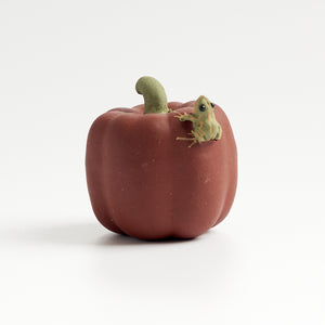 Handmade frog tea pet on a round red bell pepper, front eye-level view