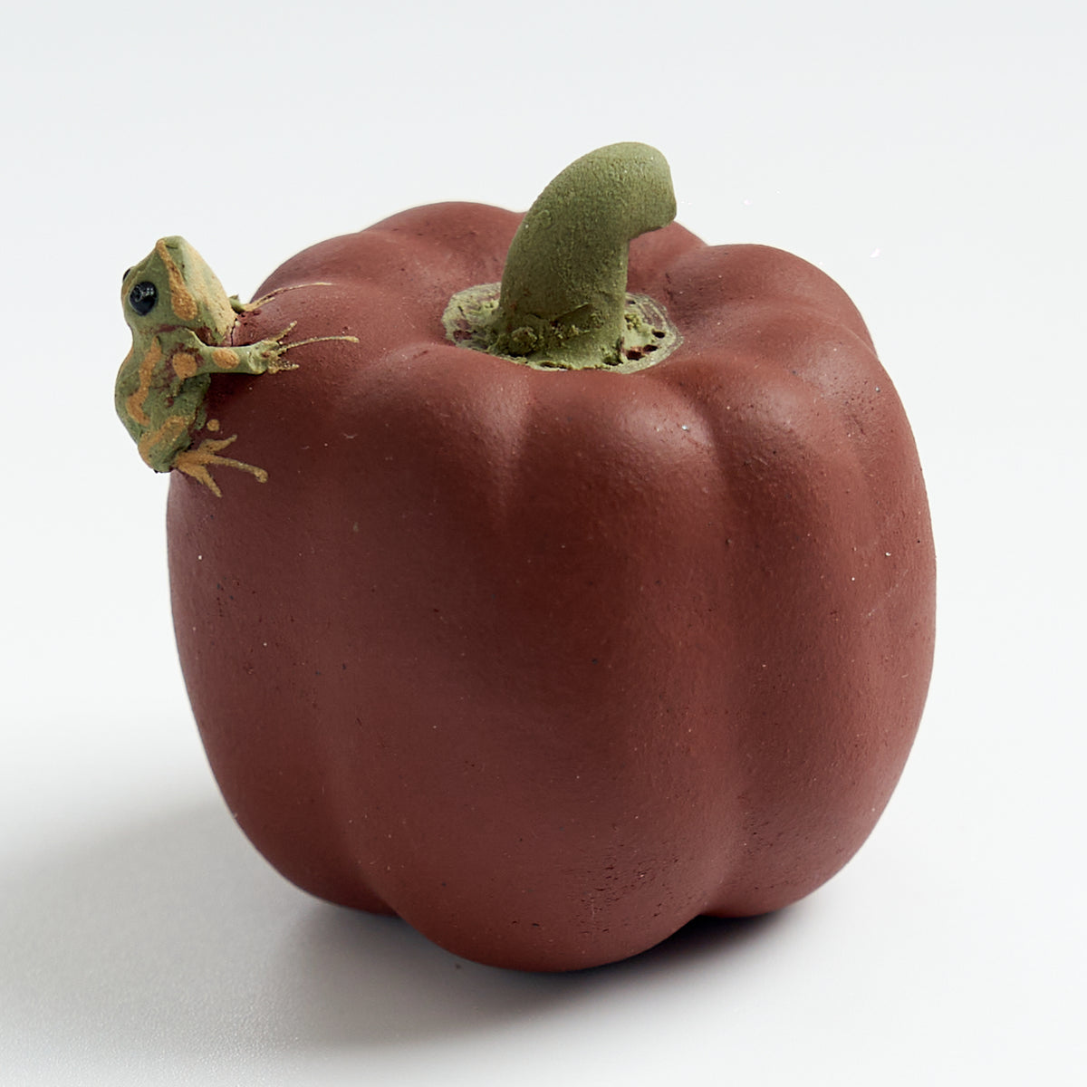 Handmade frog tea pet on a round red bell pepper, three-quarter view