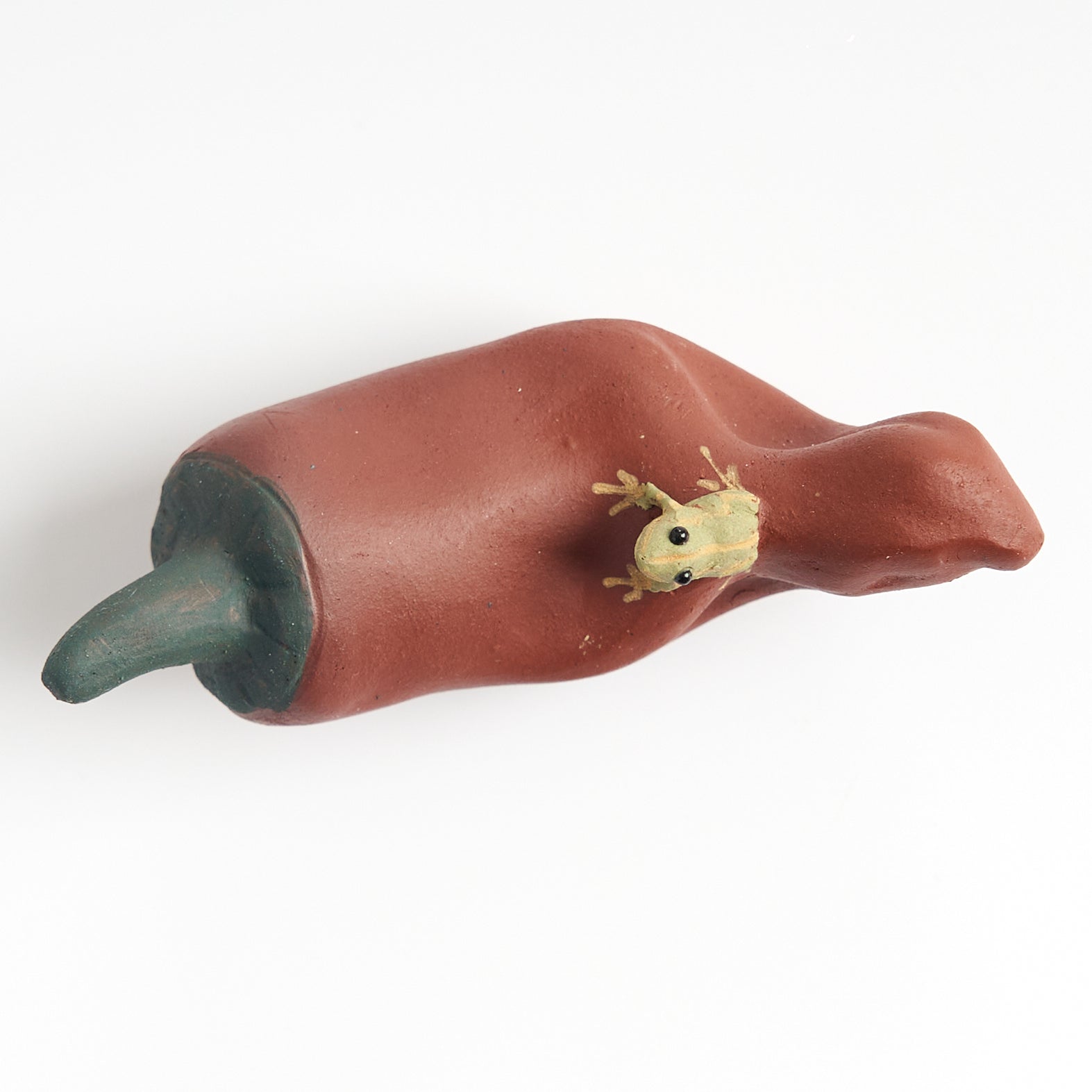 Handmade frog tea pet on a red chili pepper, top-down view