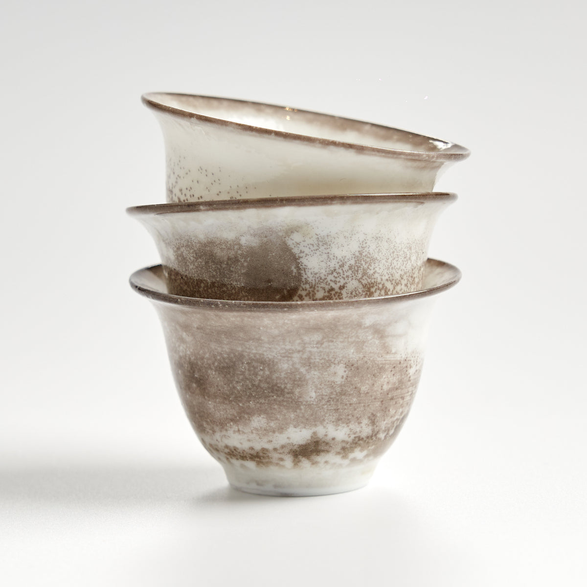 Rustic speckled stoneware teacup set, three cups stacked