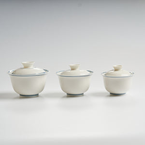Sheep-fat white porcelain blue-rim evaluation gaiwan, three-size lineup