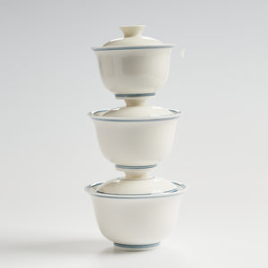 Sheep-fat white porcelain blue-rim evaluation gaiwan, three sizes stacked vertically