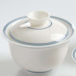 Sheep-fat white porcelain blue-rim evaluation gaiwan, large-size detail