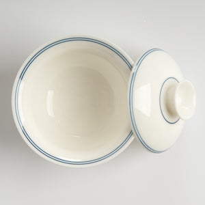 Sheep-fat white porcelain blue-rim evaluation gaiwan, top-down open view