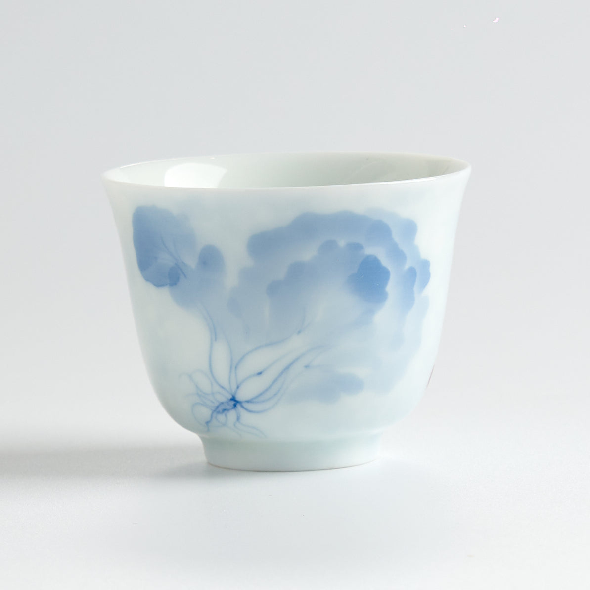 Underglaze Blue-and-White Hand-Painted Bok Choy Tasting Cup — front view