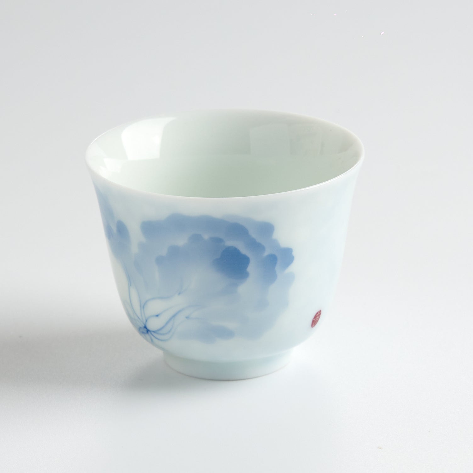 Underglaze Blue-and-White Hand-Painted Bok Choy Tasting Cup — angled view