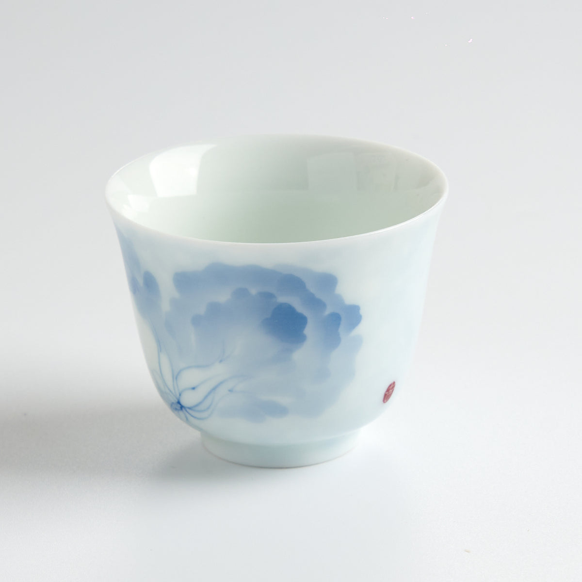 Underglaze Blue-and-White Hand-Painted Bok Choy Tasting Cup — angled view