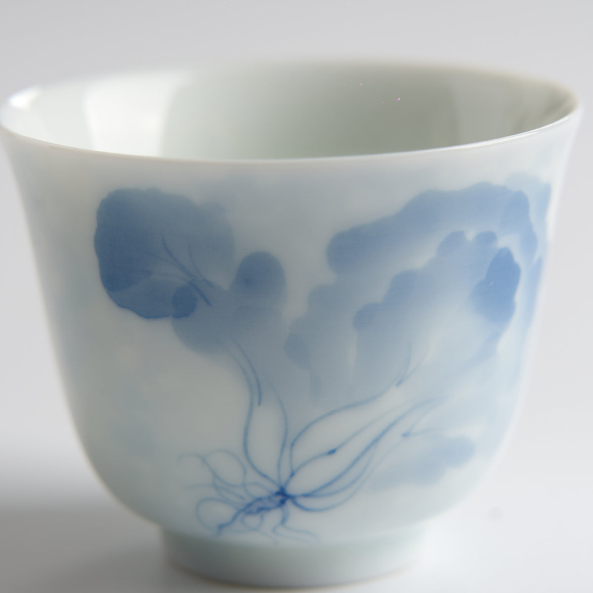 Underglaze Blue-and-White Hand-Painted Bok Choy Tasting Cup — painted detail