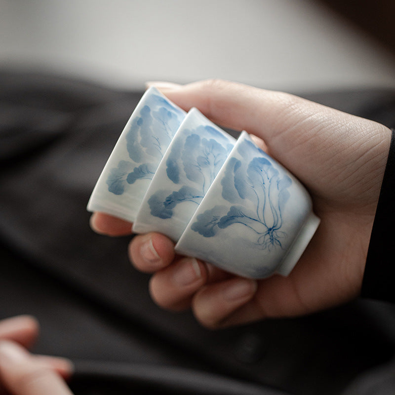 Underglaze Blue-and-White Hand-Painted Bok Choy Tasting Cup in a tea setting