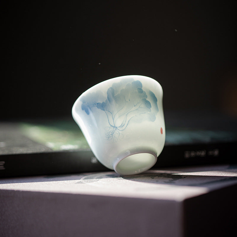 Underglaze Blue-and-White Hand-Painted Bok Choy Tasting Cup lifestyle view